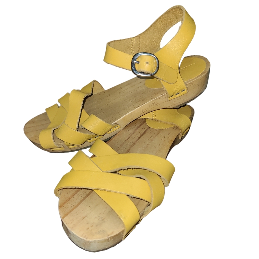 Zara Grls Sz 33 Leather & Wood Sandals Clog SweedishStyle CottageCore BohoChic